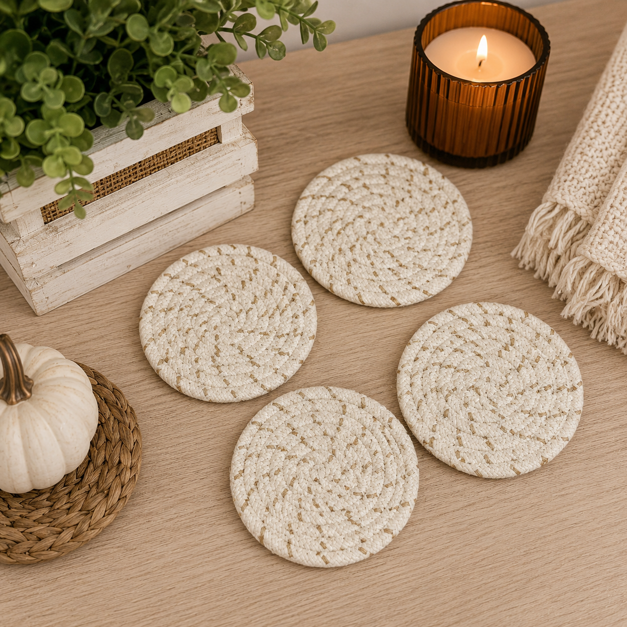 Fall Fabric Coasters set of 4 natural woven beige Gia Roma on Tampa Home & Garden Store