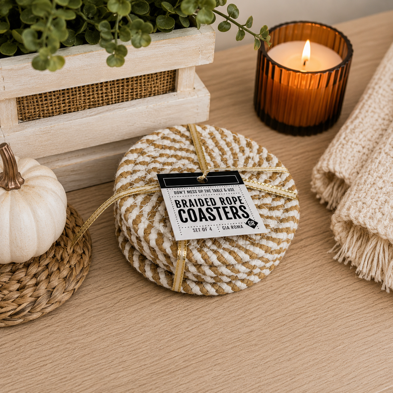 Fall Fabric Coasters braided rope set of 4 Gia Roma white tan striped, tied with gold ribbon on Tampa Home & Garden Store