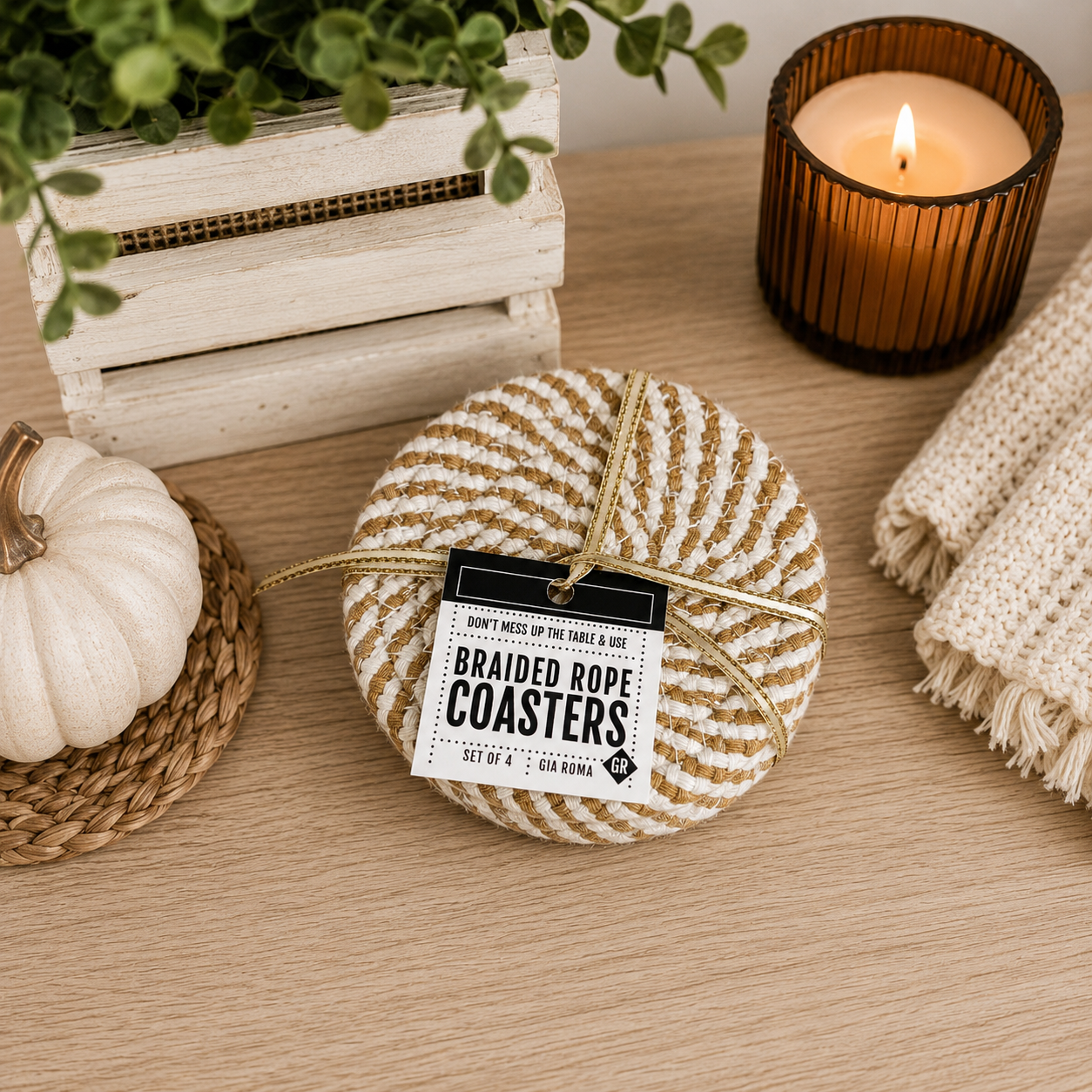 Fall Fabric Coasters, braided rope round set of 4 by Gia Roma, cream and tan on Tampa Home & Garden Store
