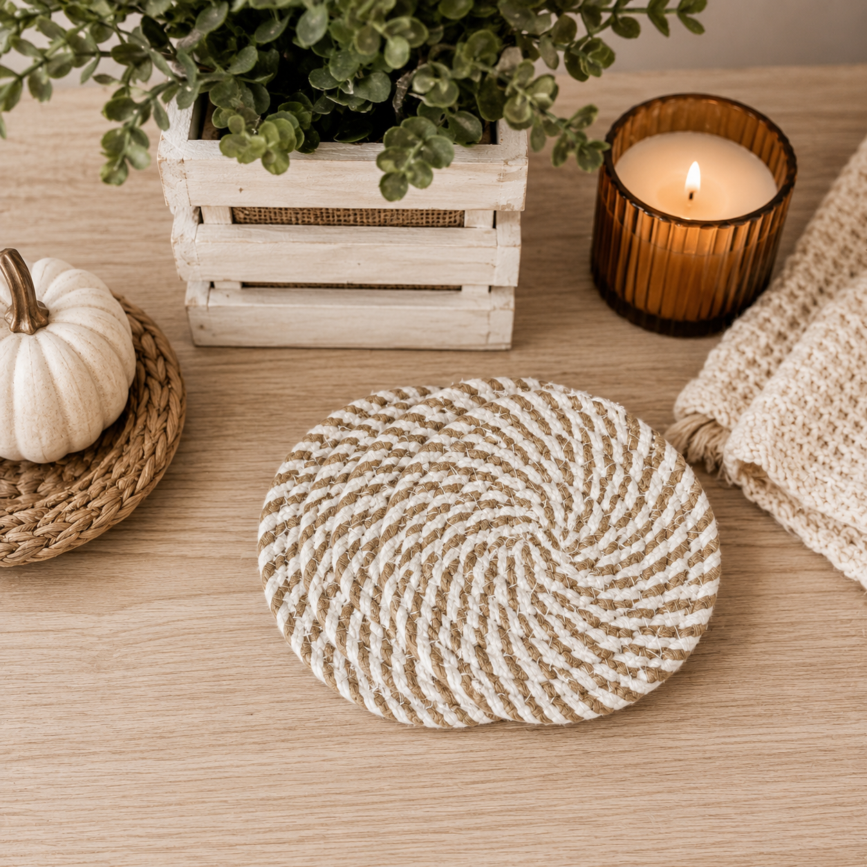 Fall Fabric Coasters Gia Roma, round natural beige woven design on Tampa Home & Garden Store