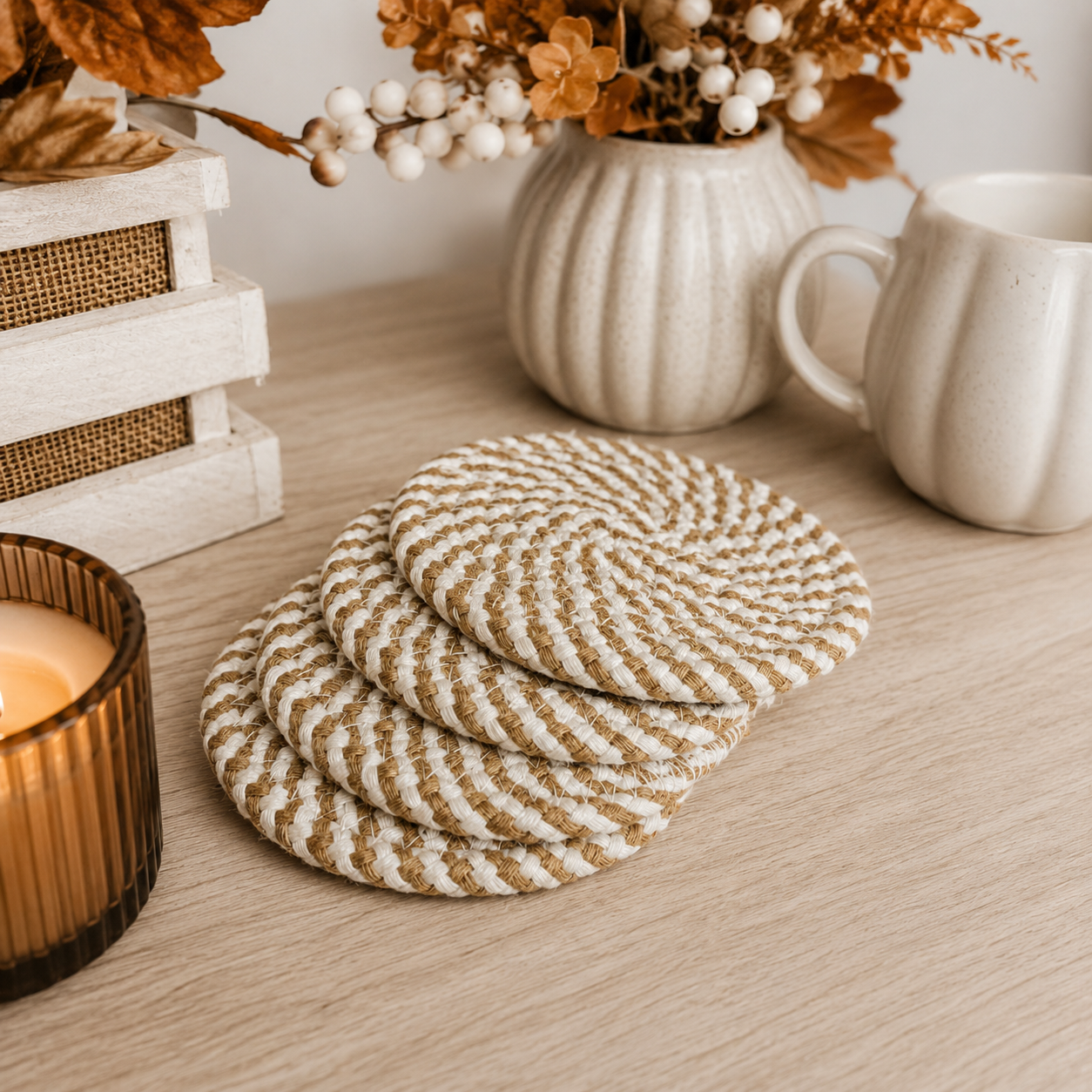 Fall Fabric Coasters Gia Roma set of 3 woven round beige and white coasters on Tampa Home & Garden Store