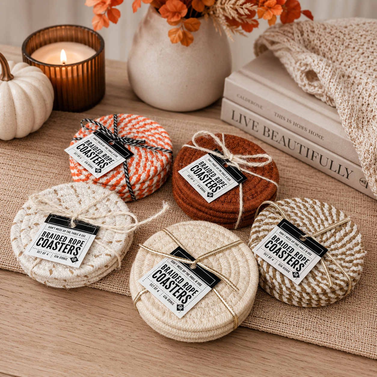 Fall Fabric Coasters Gia Roma set of 6 braided rope coasters in natural tones on Tampa Home & Garden Store