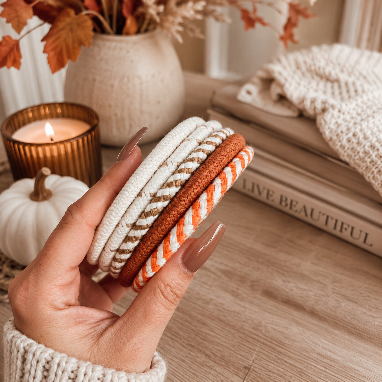 Fall Fabric Coasters Gia Roma set of 5 braided rope coasters in white beige rust orange on Tampa Home & Garden Store