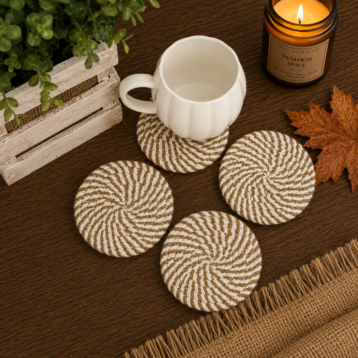 Fall Fabric Coasters by Gia Roma, circular beige and white jute rope coasters, set of 4 on Tampa Home & Garden Store