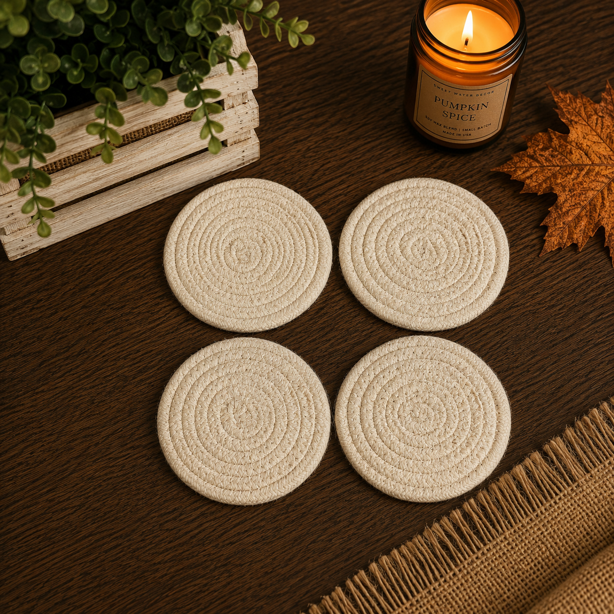 Fall Fabric Coasters Gia Roma natural beige round woven set of 4 on Tampa Home & Garden Store