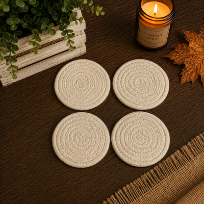 Fall Fabric Coasters Gia Roma natural beige round woven set of 4 on Tampa Home & Garden Store