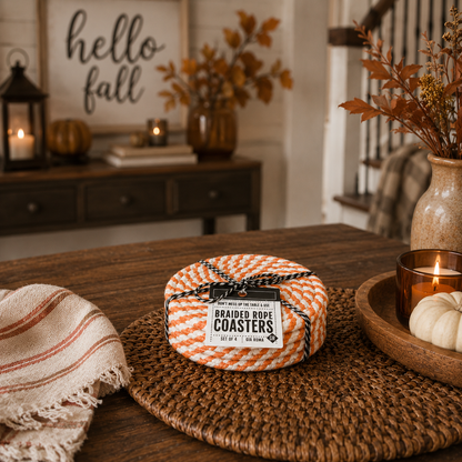 Fall Fabric Coasters braided orange and white rope set of 4 Gia Roma on woven placemat on Tampa Home & Garden Store