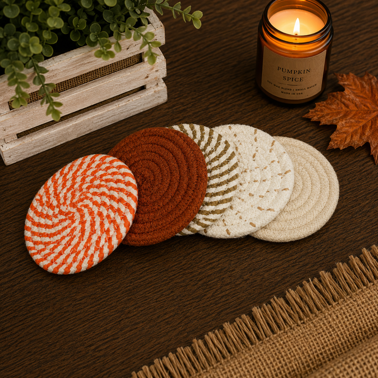 Fall Fabric Coasters by Gia Roma, 5 round coasters in fall colors on Tampa Home & Garden Store