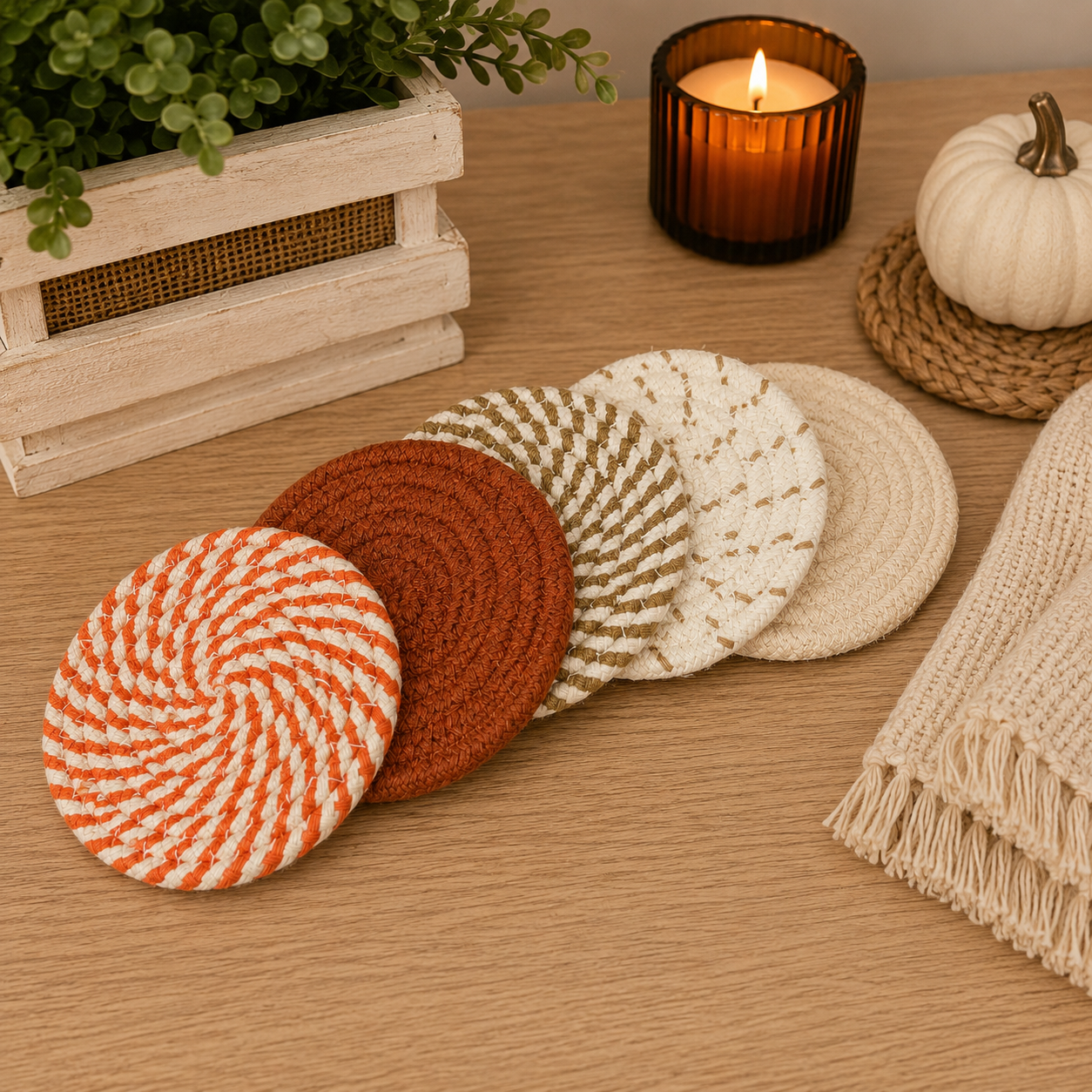 Fall fabric coasters six-piece set in orange, rust, cream woven patterns by Gia Roma on Tampa Home & Garden Store