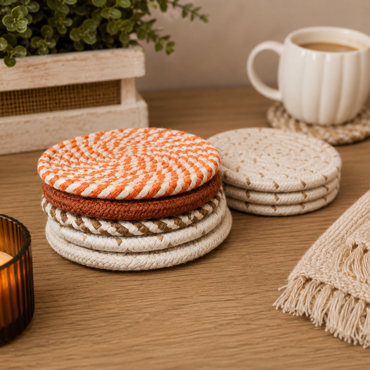 Fall Fabric Coasters Gia Roma, round woven coasters in orange and cream on a wooden table on Tampa Home & Garden Store