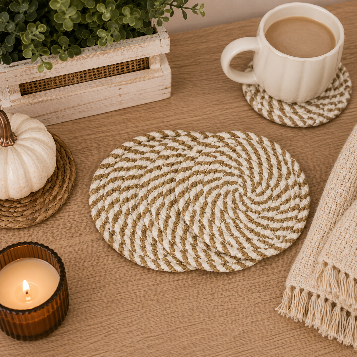 Fall Fabric Coasters by Gia Roma, round beige and white braided fabric coasters on wood surface on Tampa Home & Garden Store