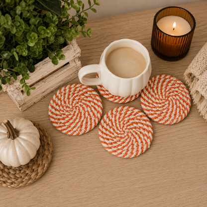 Fall Fabric Coasters, round, orange-white rope pattern, set of 3 on Tampa Home & Garden Store