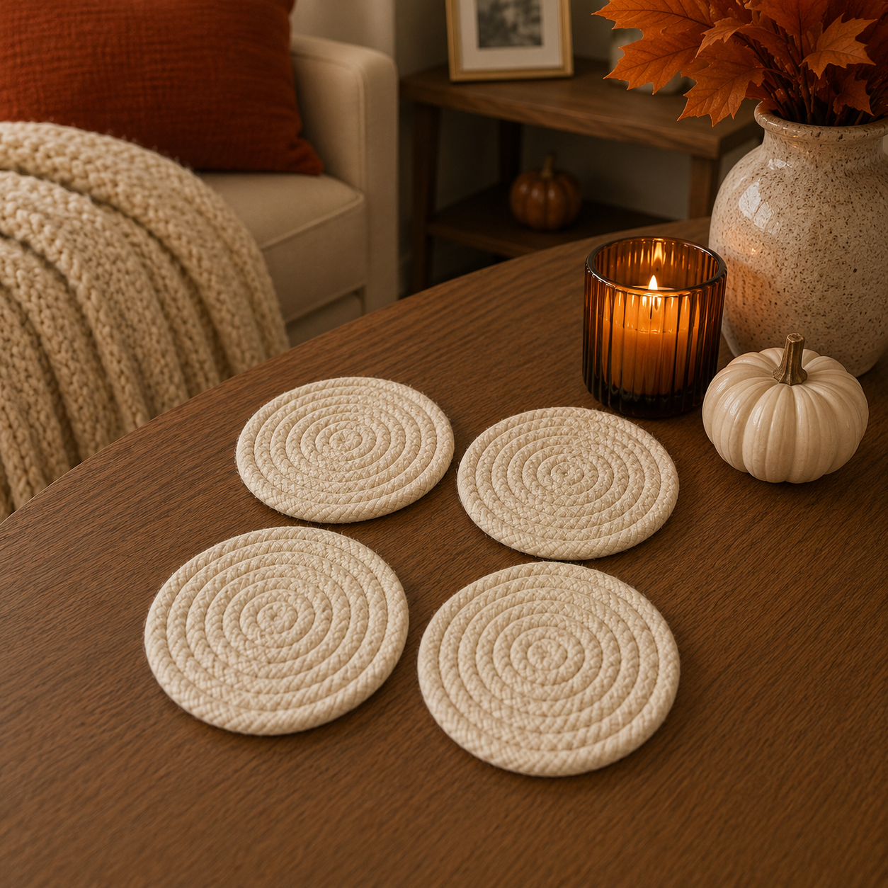 Fall Fabric Coasters by Gia Roma, round cream rope-pattern on wood table, set of four on Tampa Home & Garden Store