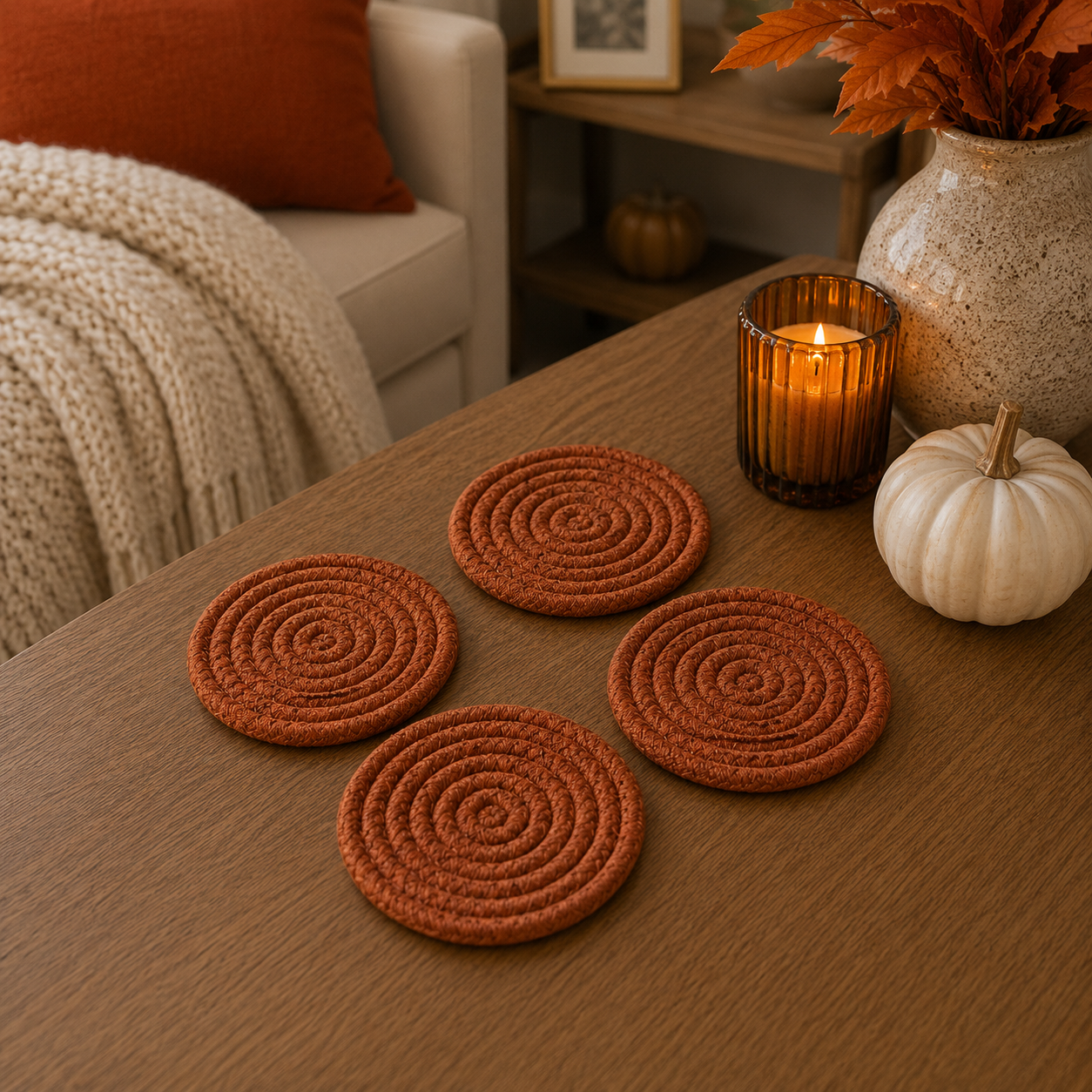 Fall Fabric Coasters Gia Roma rust orange braided circles set of 4 on wood table on Tampa Home & Garden Store