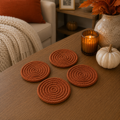 Fall Fabric Coasters Gia Roma rust orange braided circles set of 4 on wood table on Tampa Home & Garden Store