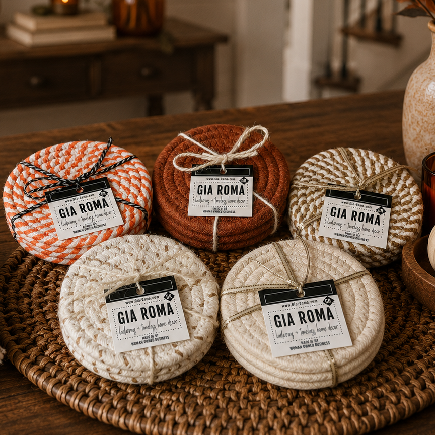 Fall Fabric Coasters by Gia Roma, round braided coasters in orange, brown and cream, 5-pack on Tampa Home & Garden Store