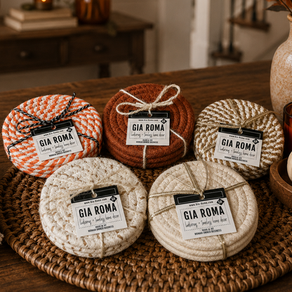 Fall Fabric Coasters by Gia Roma, round braided coasters in orange, brown and cream, 5-pack on Tampa Home & Garden Store