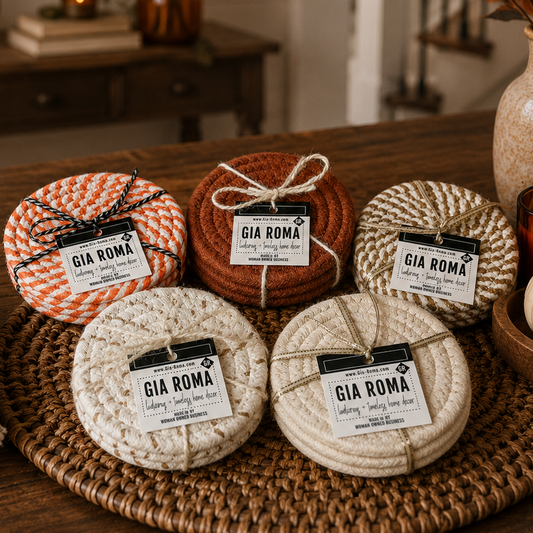 Fall Fabric Coasters by Gia Roma, round braided coasters in orange, brown and cream, 5-pack on Tampa Home & Garden Store