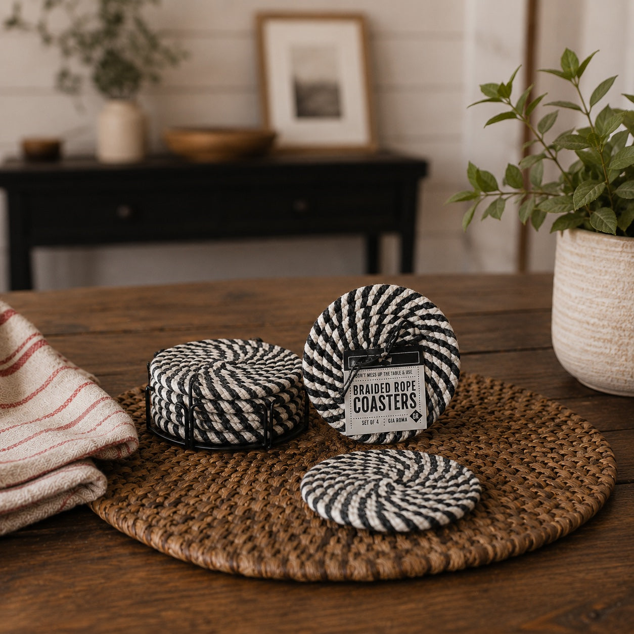 Fall Fabric Coasters, black and white braided rope design, Gia Roma set of 4 on Tampa Home & Garden Store