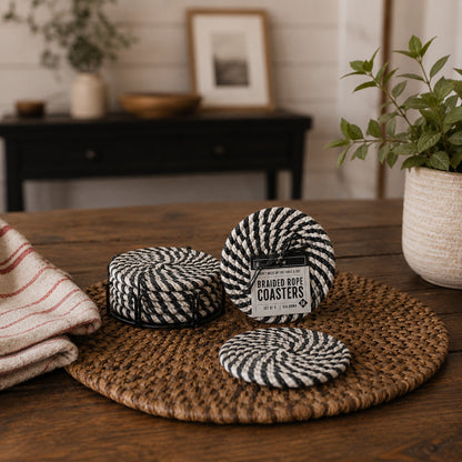 Fall Fabric Coasters, black and white braided rope design, Gia Roma set of 4 on Tampa Home & Garden Store