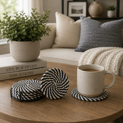 Black White Braided Rope Coasters Set of Four