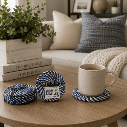 Blue and White Braided Rope Coasters Set of 4