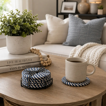 Blue and White Braided Rope Coasters Set of 4