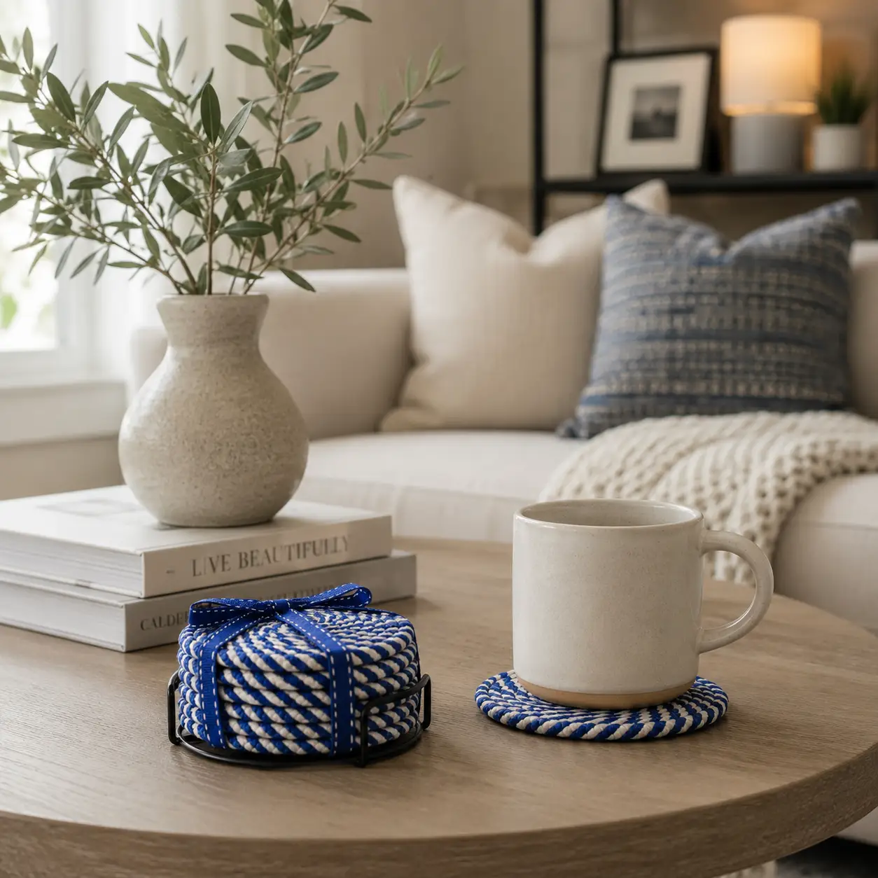 Blue and White Braided Rope Coasters Set of 4