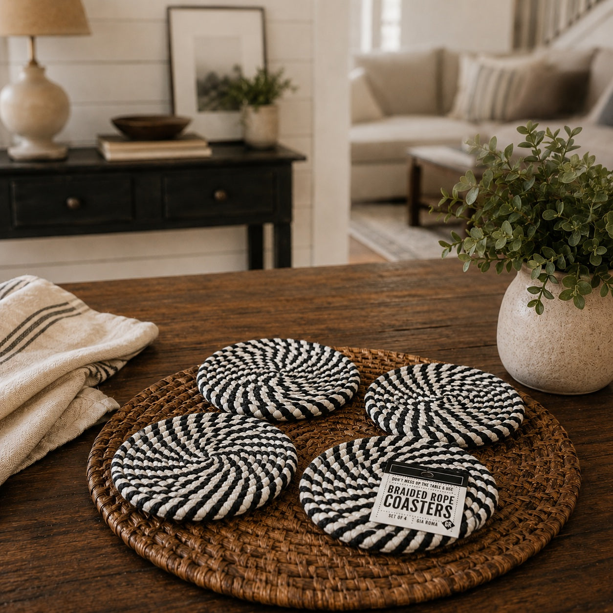 Fall Fabric Coasters set of 4 braided rope coasters in black and white spiral pattern Gia Roma on Tampa Home & Garden Store
