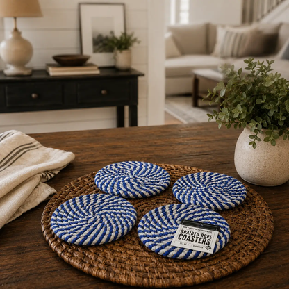Blue and White Braided Rope Coasters Set of 4