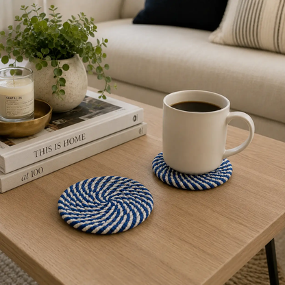 Blue and White Braided Rope Coasters Set of 4