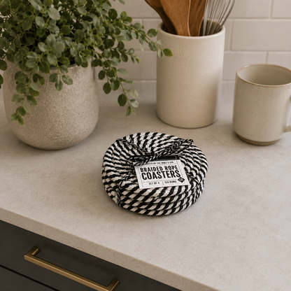 Fall Fabric Coasters by Gia Roma, braided rope in black and white, set of 4 on Tampa Home & Garden Store