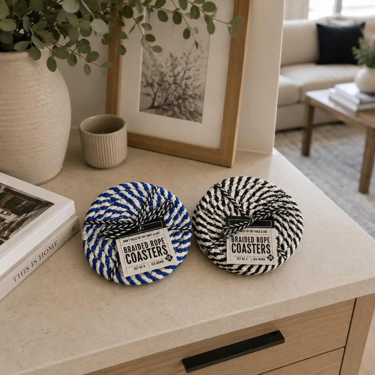 Black White Braided Rope Coasters Set of Four
