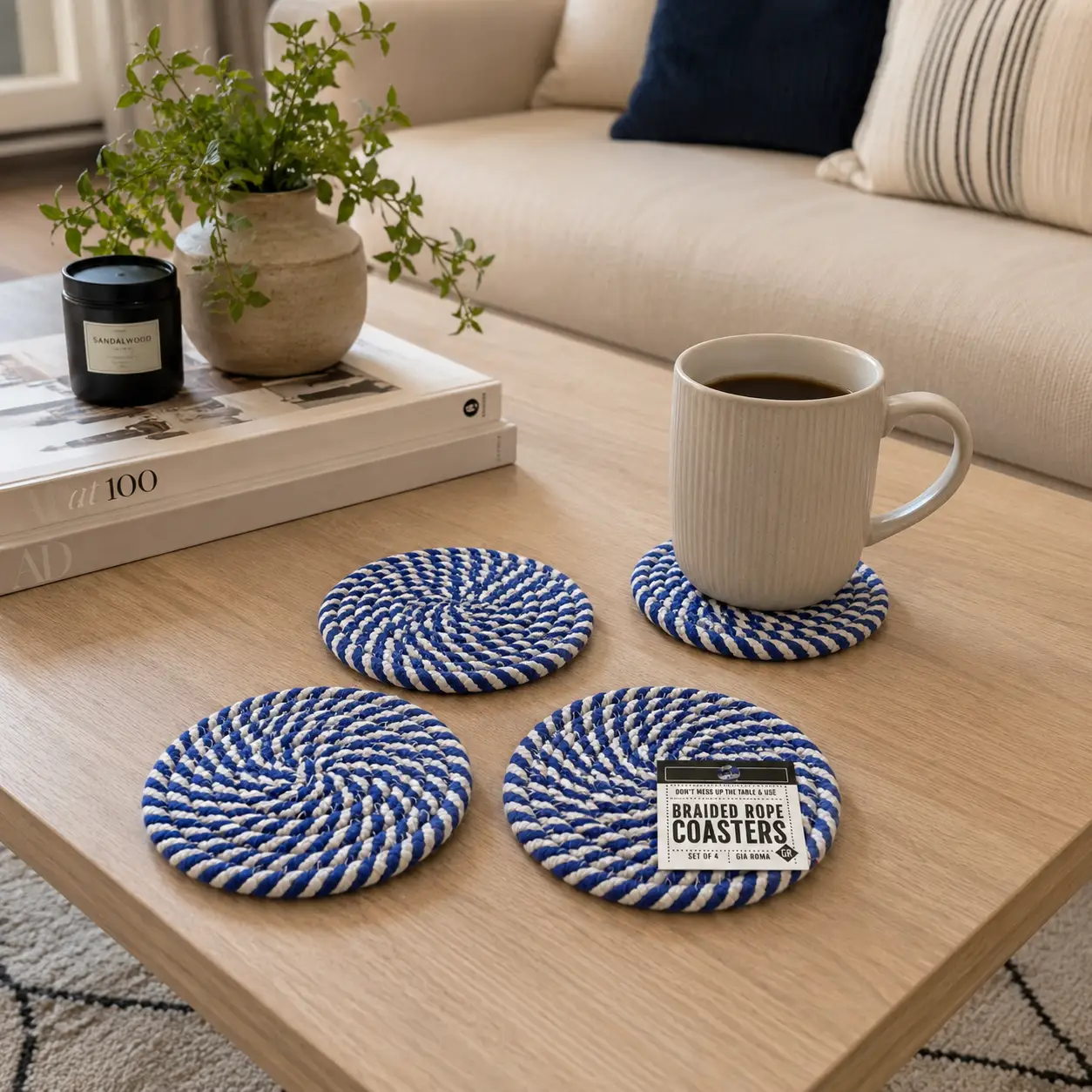 Blue and White Braided Rope Coasters Set of 4