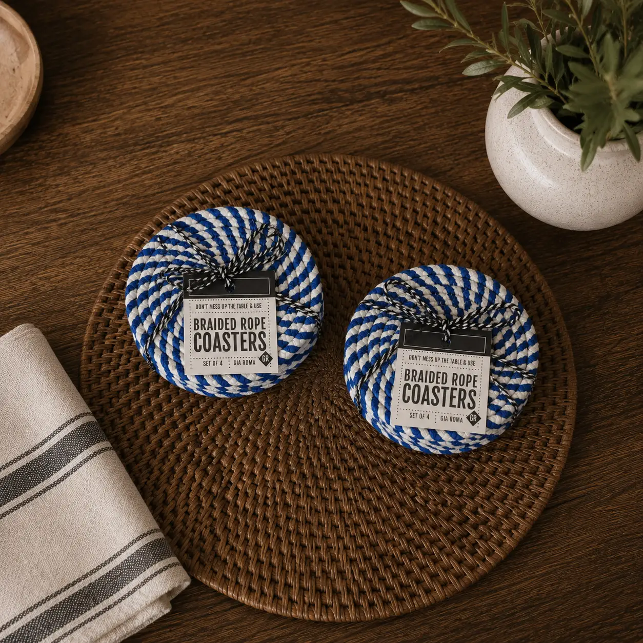 Blue and White Braided Rope Coasters Set of 4