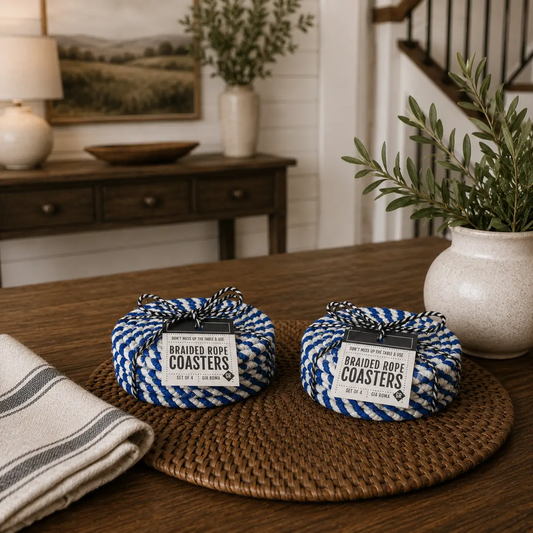 Braided Rope Coasters, blue/white, Gia Roma, set of 4; two sets on a woven placemat on Tampa Home & Garden Store
