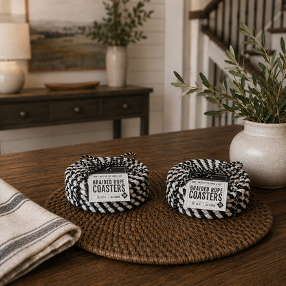 Fall Fabric Coasters, set of 2, black-and-white braided rope design by Gia Roma on Tampa Home & Garden Store