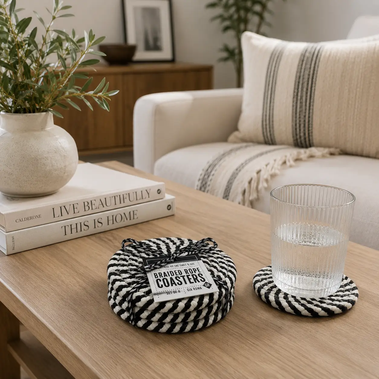 Black White Braided Rope Coasters Set of Four