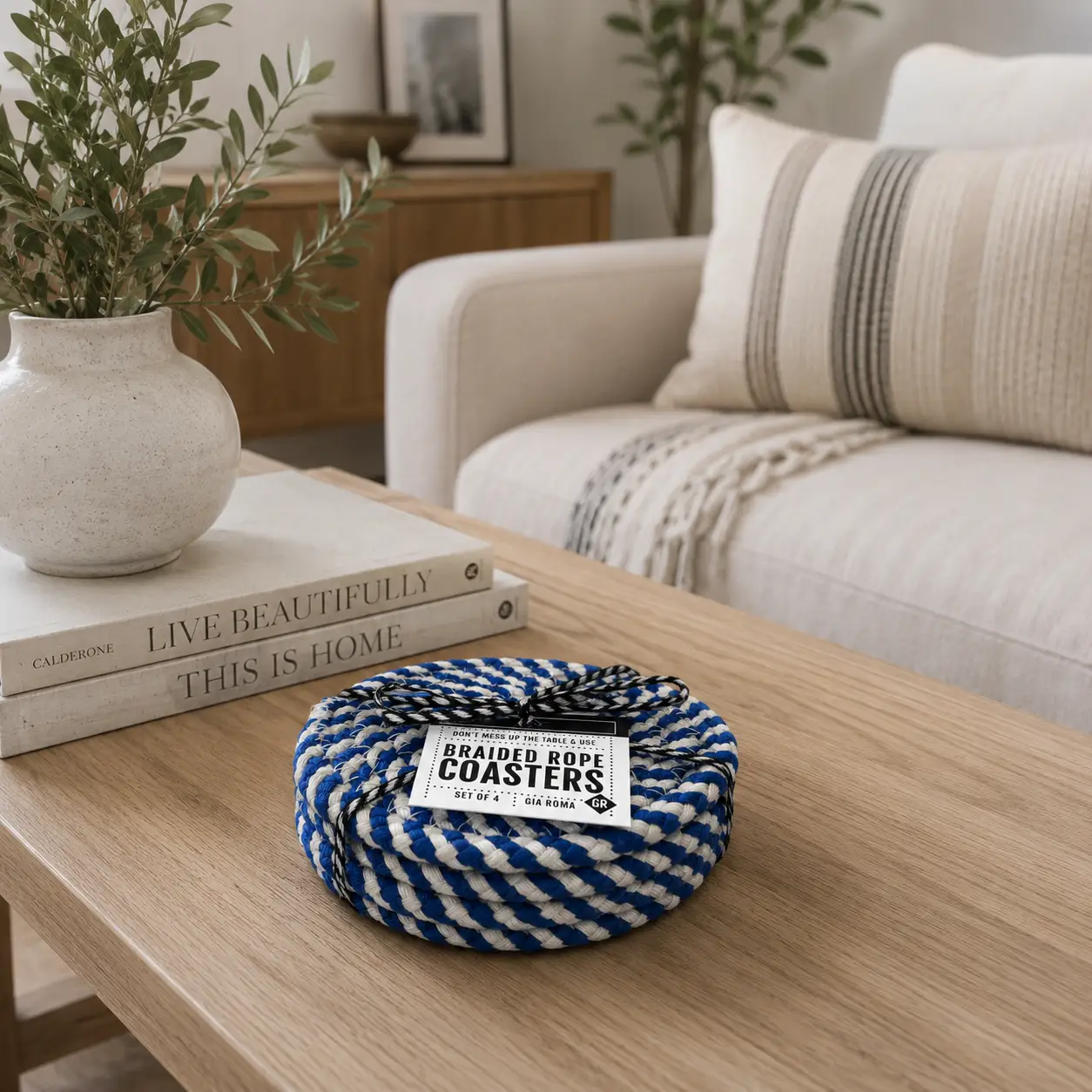 Blue and White Braided Rope Coasters Set of 4