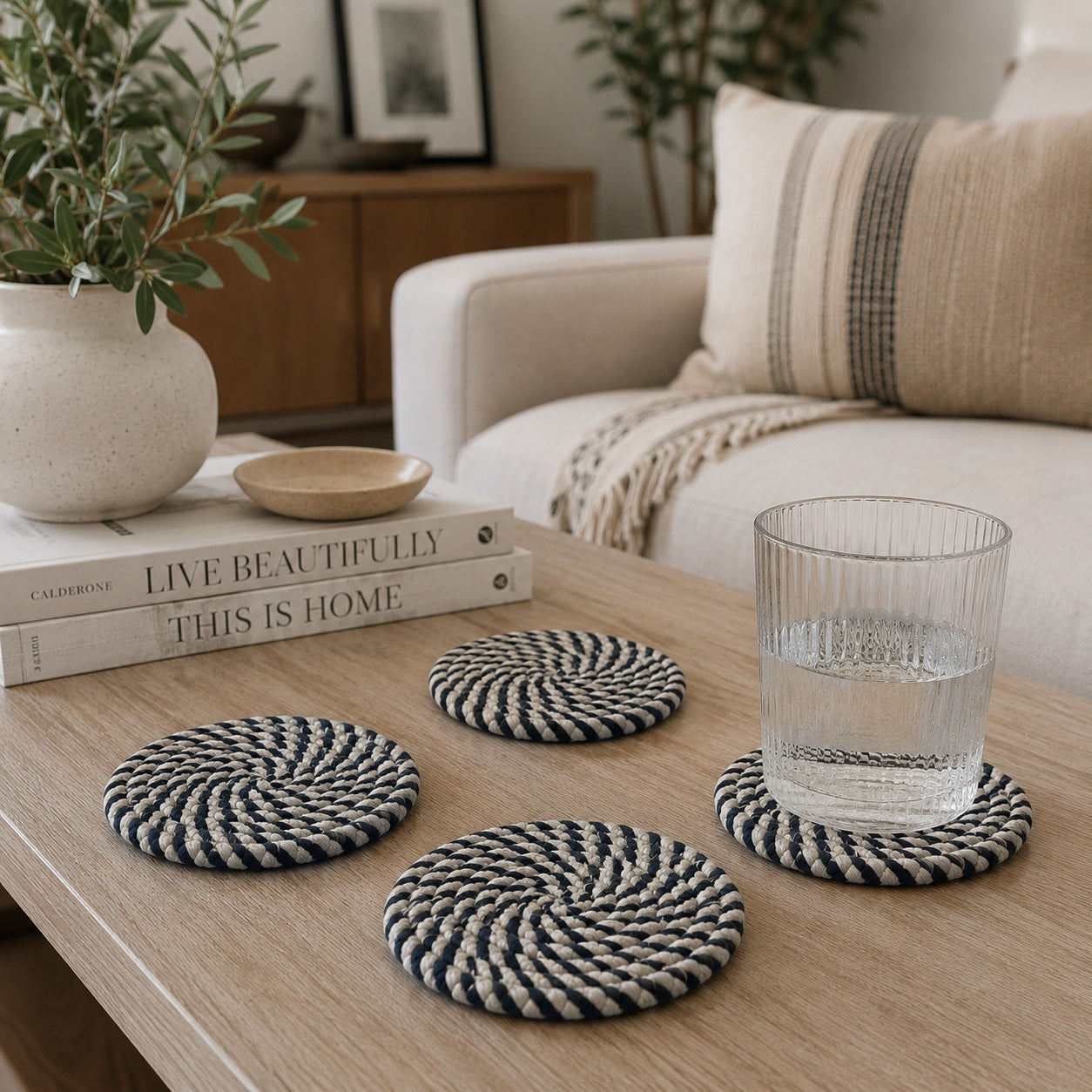 Fall Fabric Coasters by Gia Roma, set of 3 navy and white woven coasters on a light wood table on Tampa Home & Garden Store