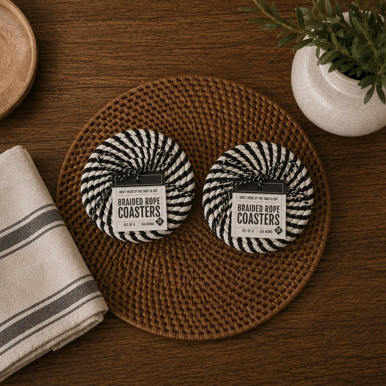 Black White Braided Rope Coasters Set of Four