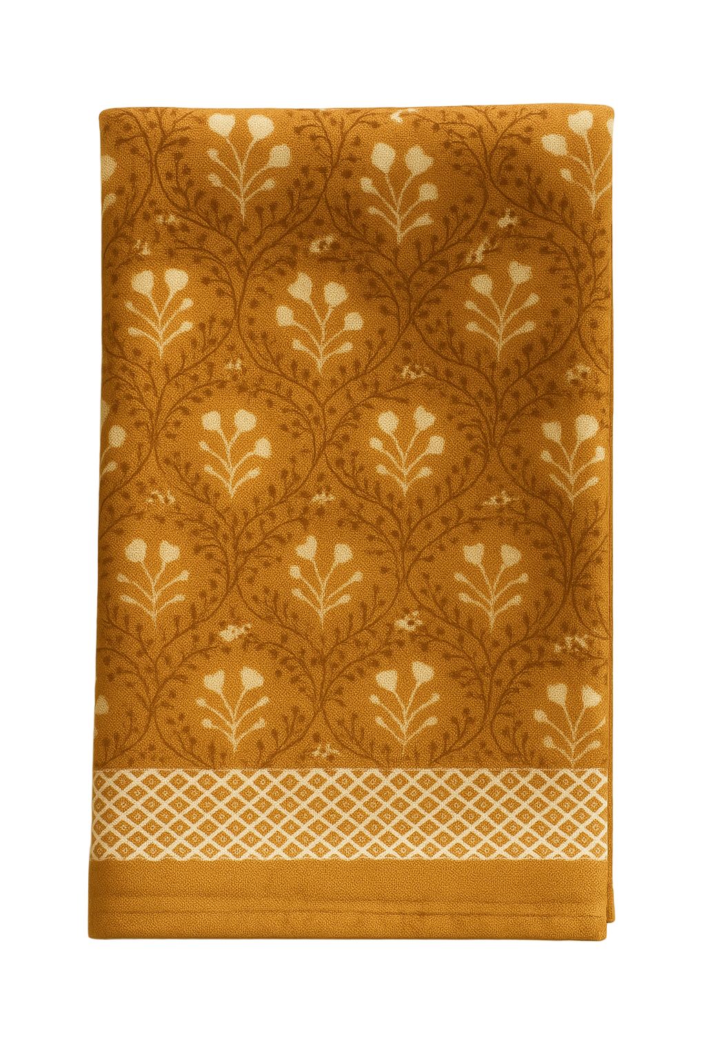 Laurel Tablecloth in Goldenrod by Erin Donahue Tice; white leaf motif with lattice border on Tampa Home & Garden Store