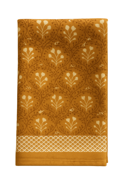Laurel Tablecloth in Goldenrod by Erin Donahue Tice; white leaf motif with lattice border on Tampa Home & Garden Store