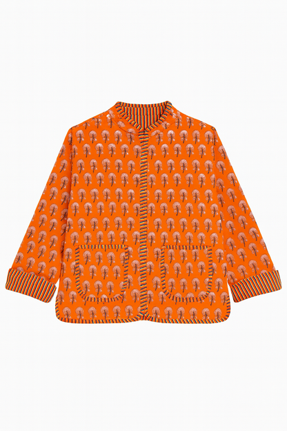 The Charlotte Jacket in Poppy Orange, orange knit with striped cuffs and pockets on Tampa Home & Garden Store