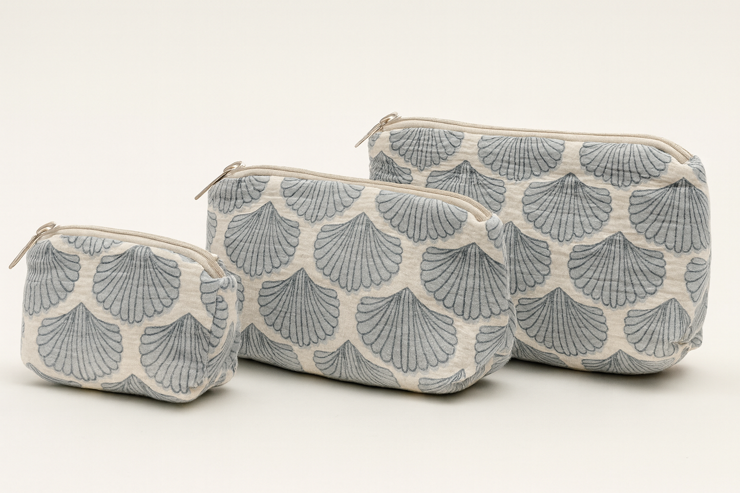 Blue Shells cosmetic bag tote set, three-piece Erin Donahue Tice shell pattern bags in blue on Tampa Home & Garden Store