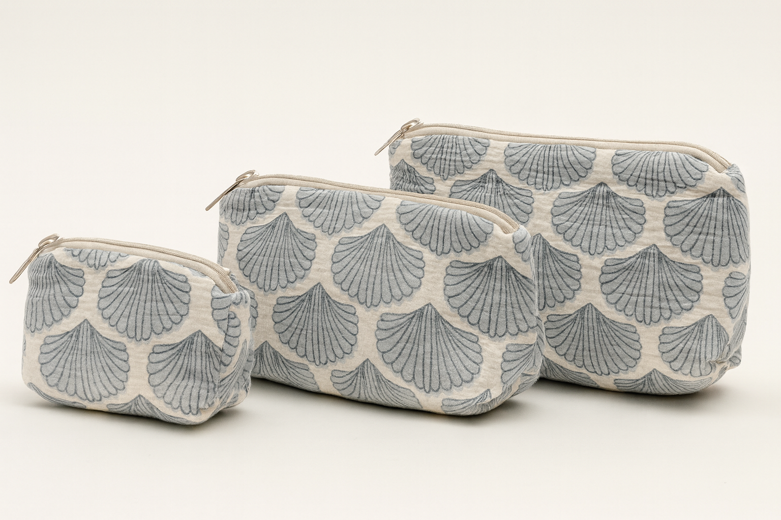 Blue Shells cosmetic bag tote set, three-piece Erin Donahue Tice shell pattern bags in blue on Tampa Home & Garden Store