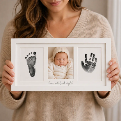 White 3-panel baby keepsake frame with footprints on the sides and a sleeping baby photo, Love at first sight design on Tampa Home & Garden Store