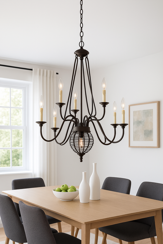 Rustic French Basket and Ten Light Chandelier