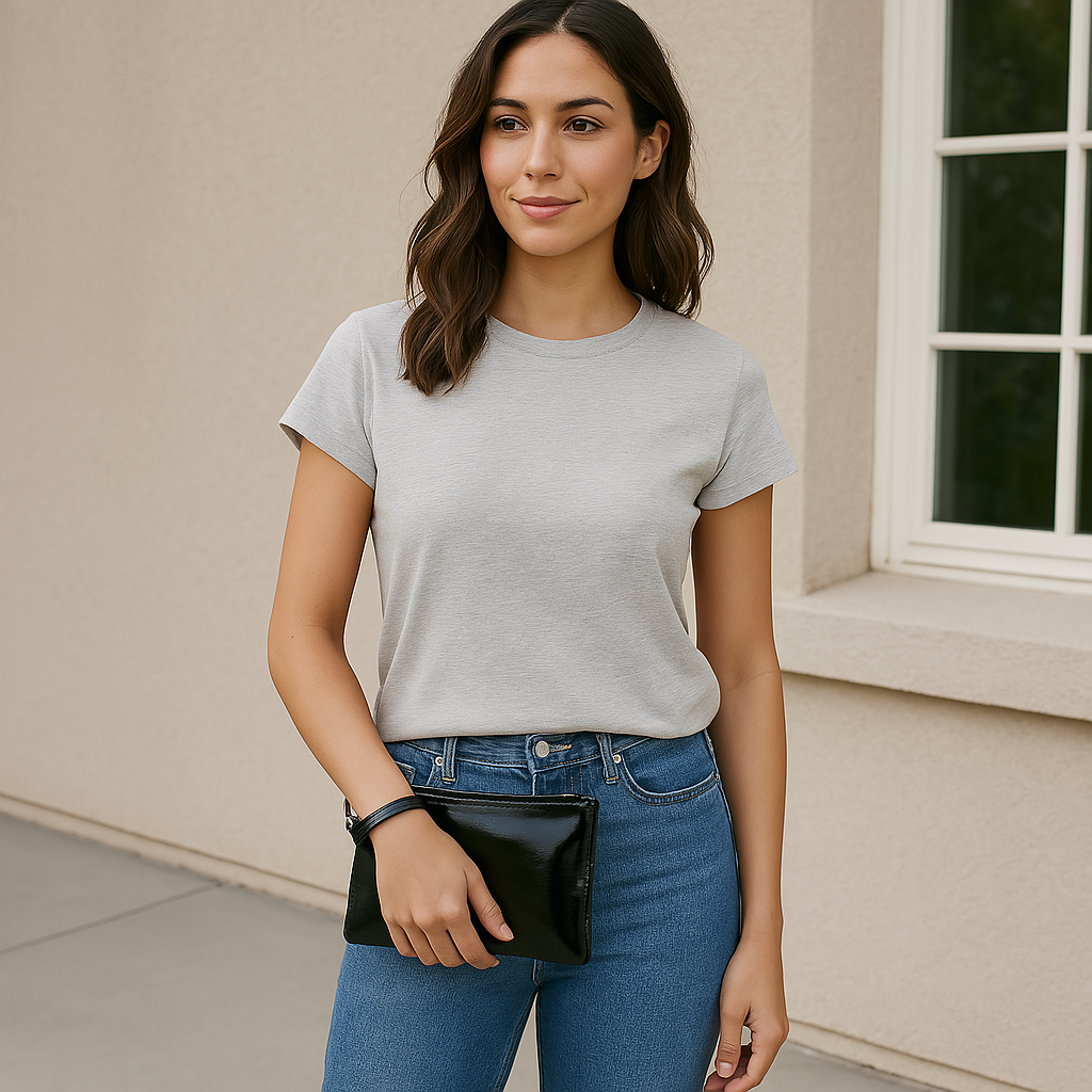 Mighty Purse genuine leather 4000mAh phone charger purse in black held by model on Tampa Home & Garden Store
