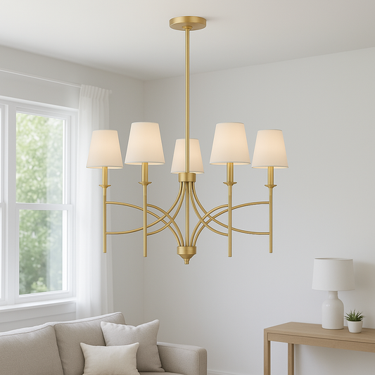 Millau 5 Light Chandelier and Satin Gold Shades